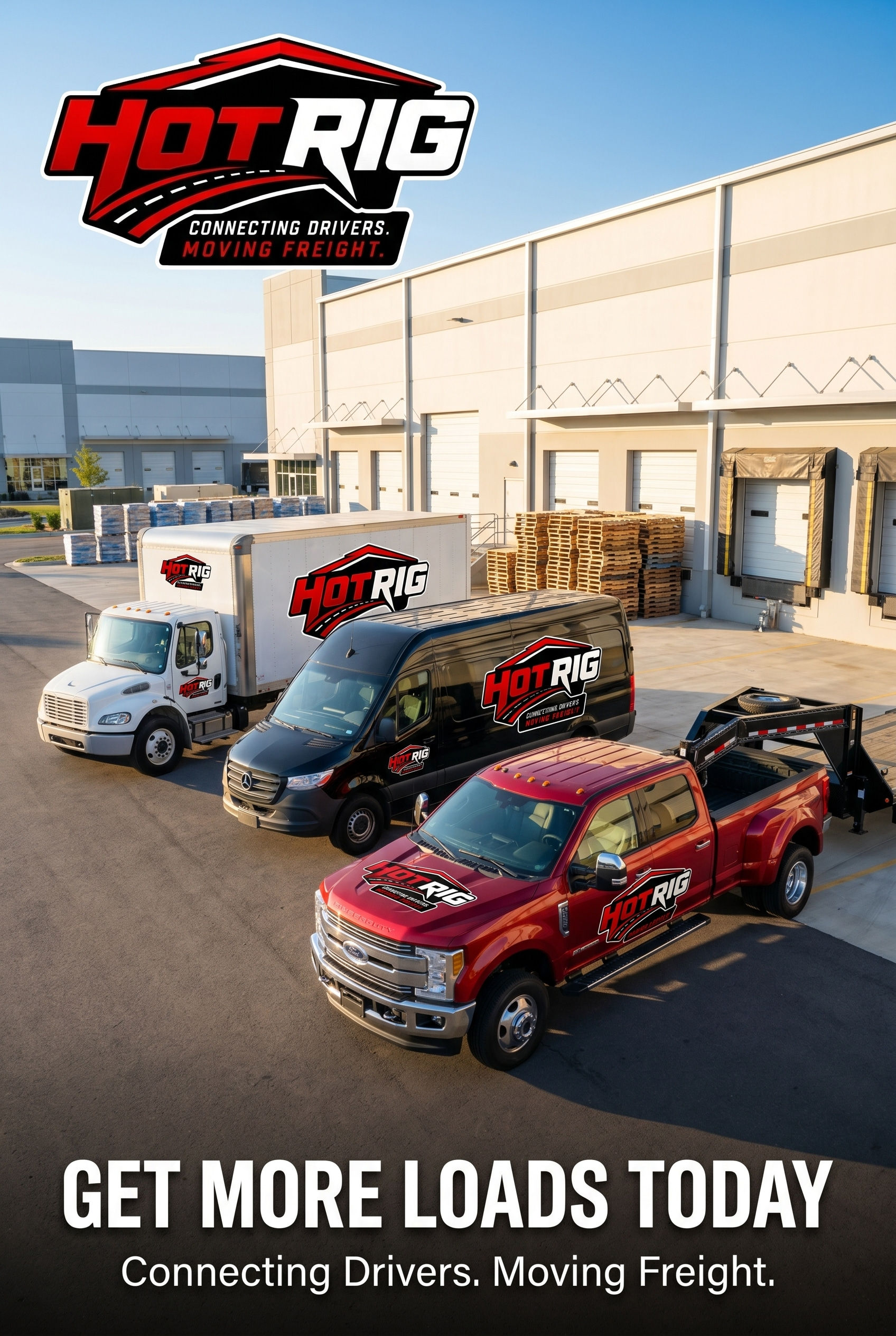 Hot Rig branded truck fleet staged at a distribution dock